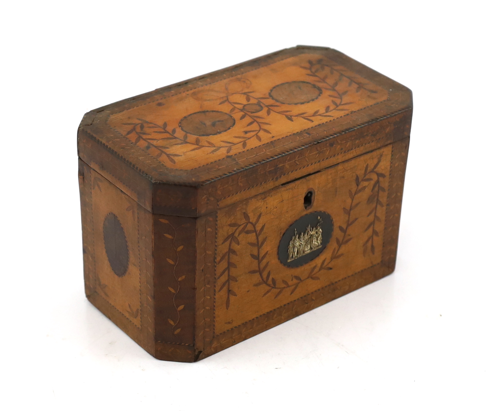 A George III Sheraton style marquetry inlaid satinwood tea caddy 20.5cm wide, 11.5cm deep, 13cm high